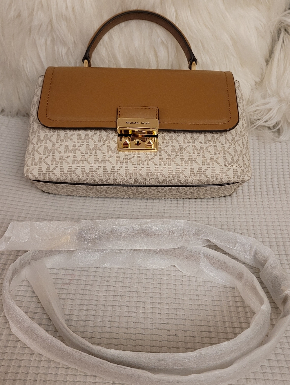 Michael Kors Signature Canvas Top-Handle Bag in Tan and Cream 9"x6"